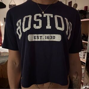navy blue boston graphic crop short sleeve crew neck top